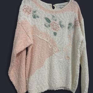 Elegant Floral Knit Sweater - Pink and White